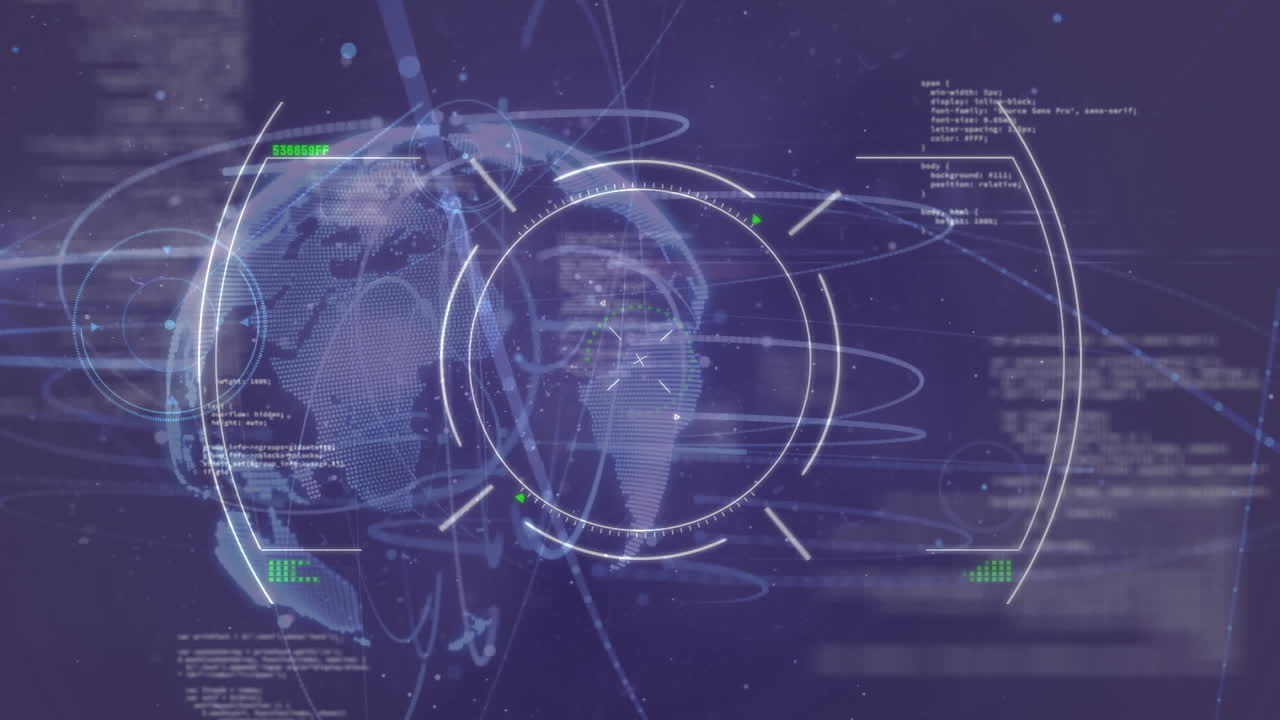 animación de círculos, lenguaje de computadora y globo giratorio con destellos de lentes sobre un fondo abstracto