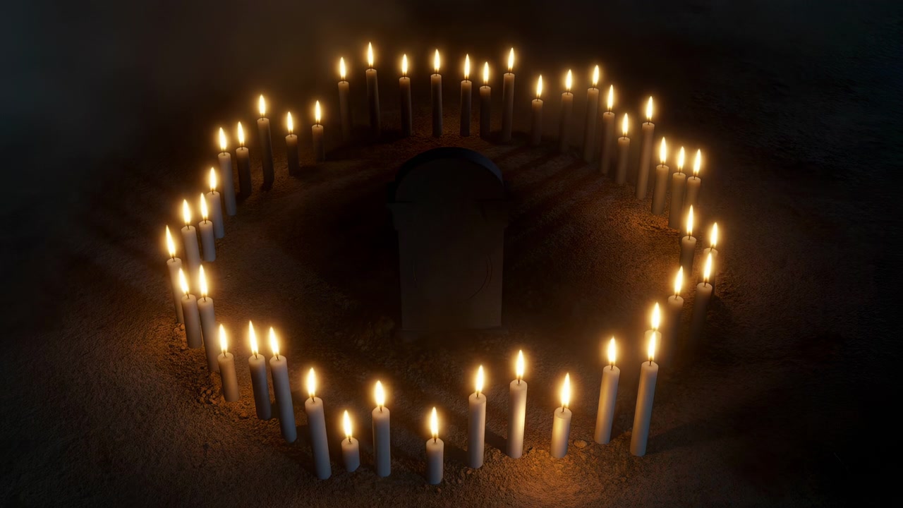 Anello di candele intorno a una tomba crea una scena commemorativa solenne sotto il cielo notturno, fiamme tremolanti che proiettano un bagliore caldo