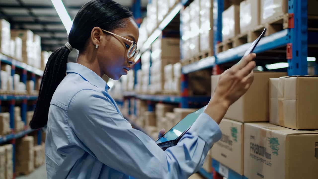 trabajador de almacén que utiliza una tableta para administrar el inventario