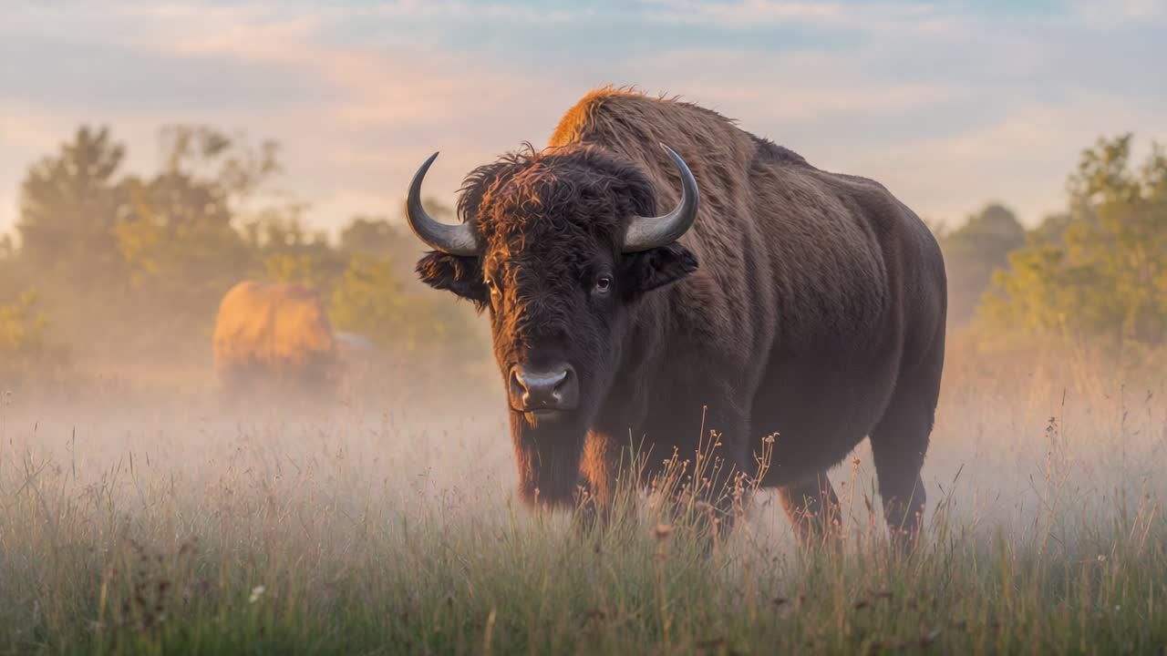 Stepping after pausing, American bison moving toward camera in misty meadow, with distant bison