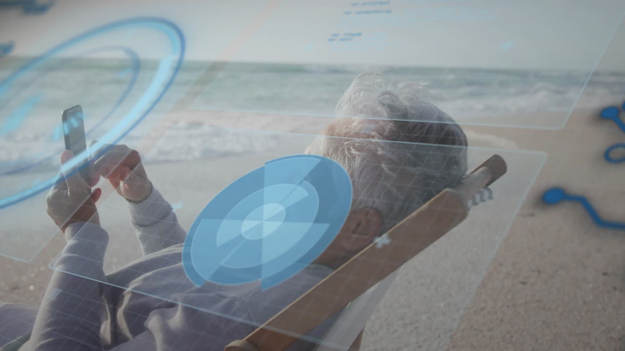 Senior woman in beach chair tapping smartphone screen and rotating dial interface in tech demo