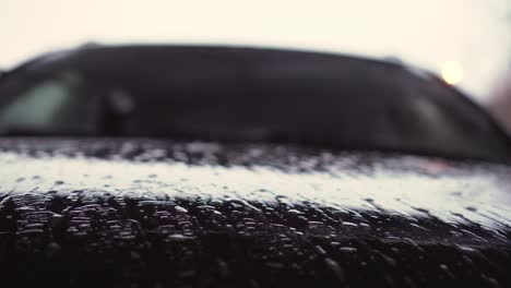 water, shampoo and foam on car hood, washing front window in background