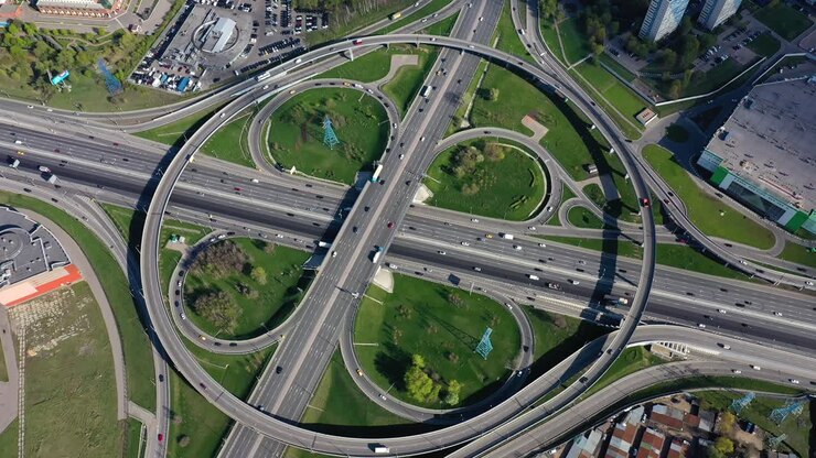 Aerial view of a freeway intersection traffic trails in Moscow.