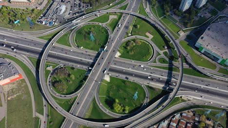 aerial view of a freeway intersection traffic trails in moscow.