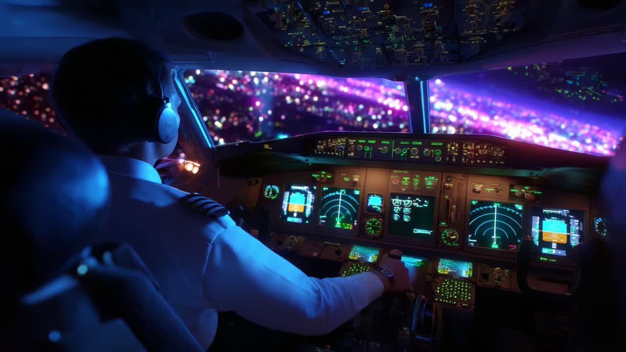 A pilot is seen in a high-tech aircraft cockpit, surrounded by an array of colorful displays and controls, navigating through a vibrant night sky filled with lights, showcasing the art of aviation technology