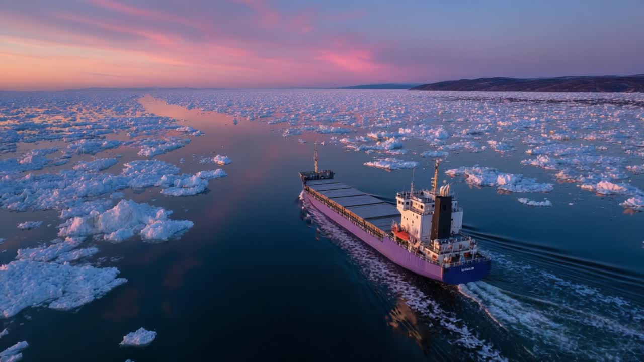 A stunning view of a large cargo ship navigating through the melted ice waters at sunset, highlighting the serene beauty and challenges of Arctic shipping routes
