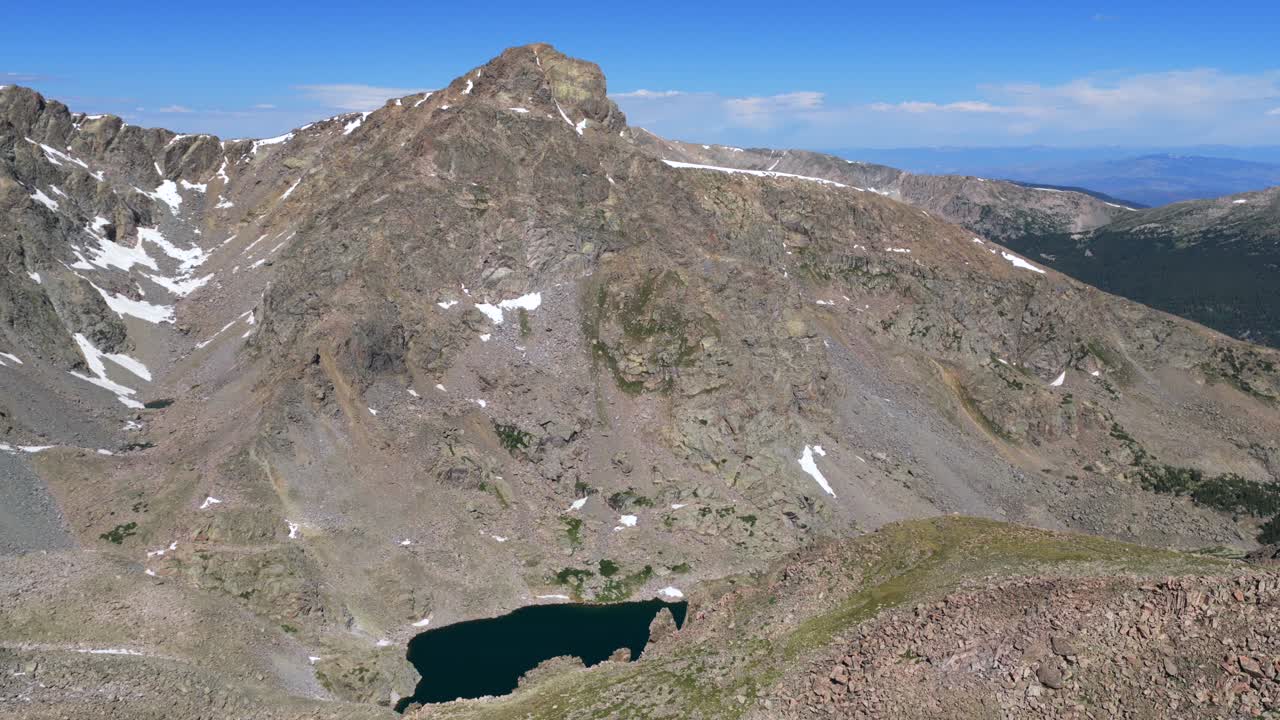 Morning daytime sunny blue sky spring summer Mount of the Holy Cross 14er peak wilderness Sawatch Range aerial drone Colorado Rocky Mountains Bowl of Tears lake Halo Ridge Notch Mountain circle right