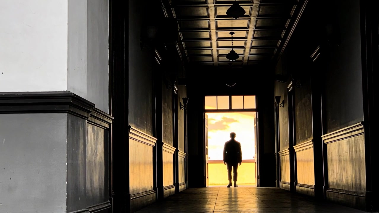 Walking man heading toward bright exit through corridor, pausing at threshold, wearing suit jacket