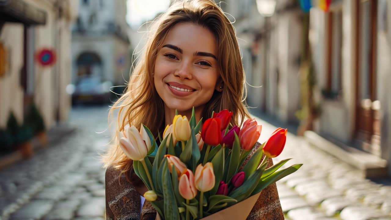 Smiling Woman Holding a Bouquet of Colorful Tulips on a Cobblestone Street
