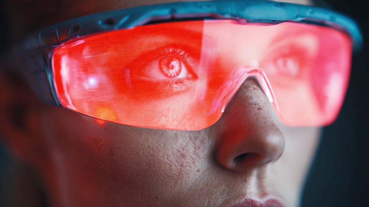 A close-up portrait of a person wearing unique red-tinted eyewear, highlighting their intense gaze and the reflective surfaces of the glasses, creating a futuristic and captivating aesthetic