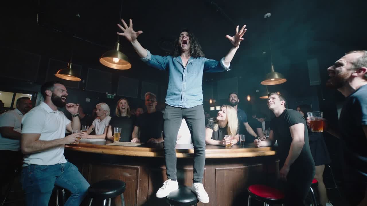 Climbing onto bar stool, male in denim shirt shouting and leading singalong at crowded wooden bar