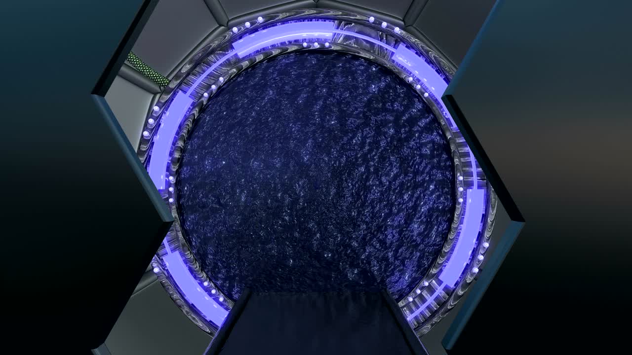 la escotilla de hierro abre una vista panorámica a la escena del paisaje de la nave espacial. fondo abstracto 3d de corredor de ciencia ficción con portal. tecnología futurista abstracto vj para títulos tecnológicos y fondo.