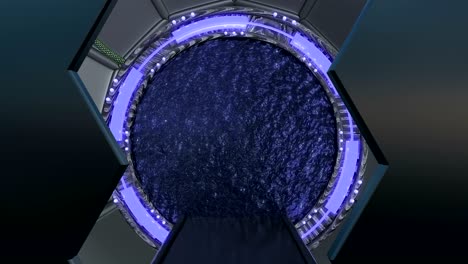 iron hatch는 우주선 풍경 장면에 대한 파노라마 뷰를 열어줍니다. 포털과 함께 공상 과학 복도의 3d 추상적인 배경.