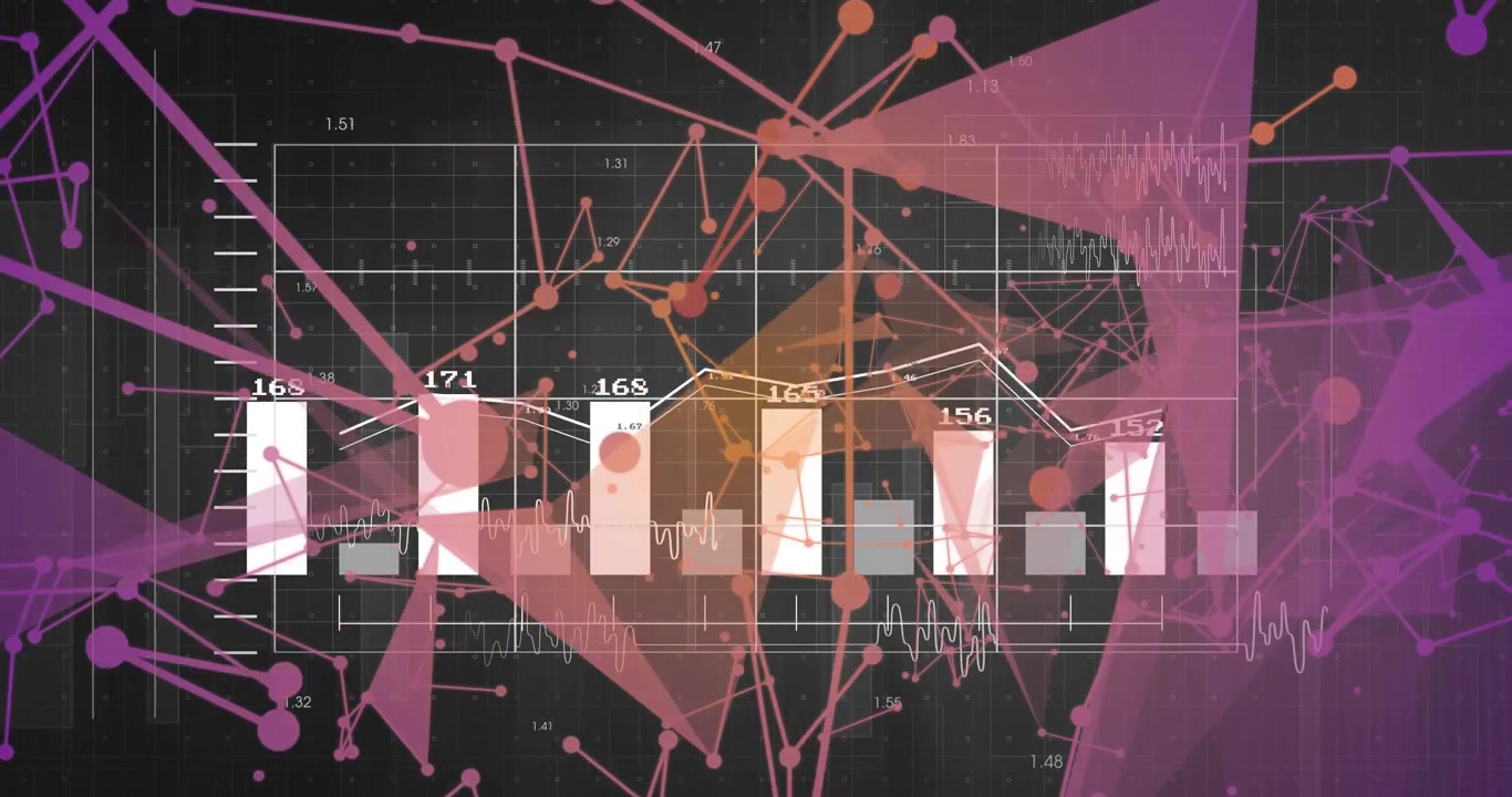 Opening dark grid starting bars expanding, line graph shifting mesh weaving visualizing data trends