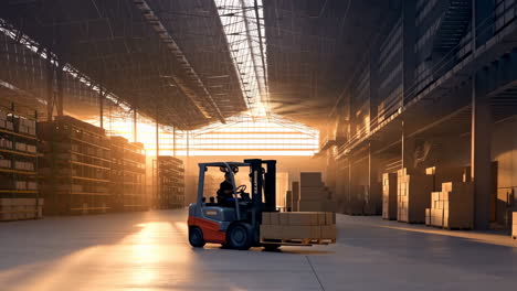 Forklift operating in a spacious warehouse at sunrise