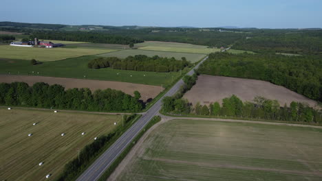 drone shot over fields around coaticook quebec canada