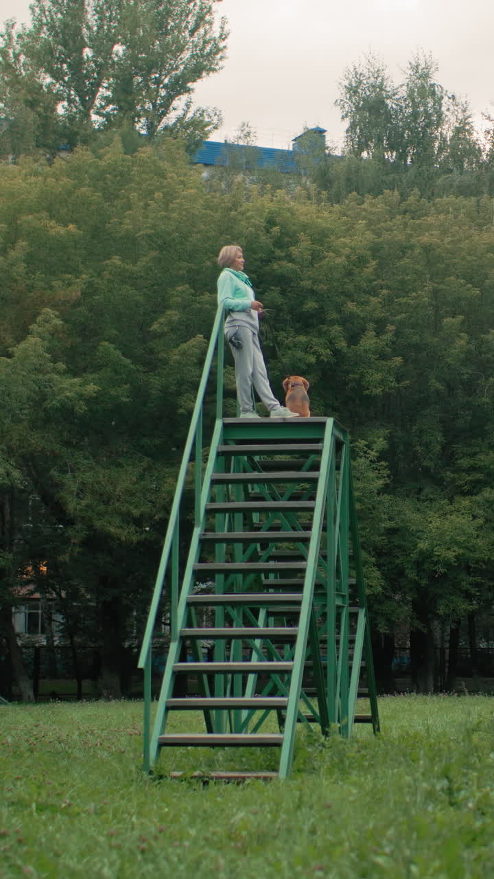 Caucasian woman with dog on stairs atop green metal platform in quiet city park, owner watching horizon while dog sits attentively by her side, summer grass and tall trees framing scene, subtle urban