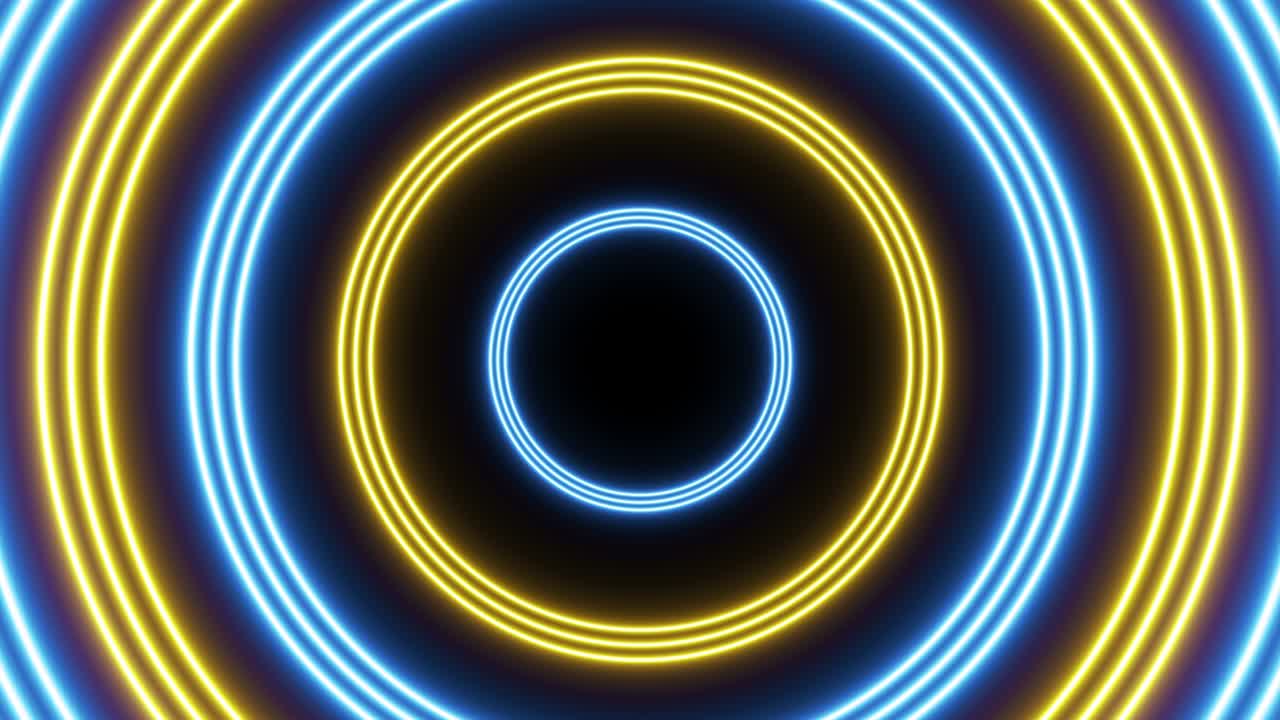 círculos de neón amarillos y azules animación de bucle sin costuras en un fondo oscuro. vuelo futurista sin costuras abstracto en un túnel gráfico de movimiento