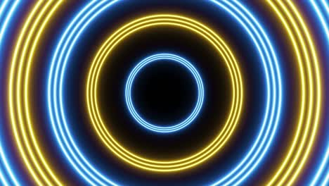 círculos de neón amarillos y azules animación de bucle sin costuras en un fondo oscuro. vuelo futurista sin costuras abstracto en un túnel gráfico de movimiento