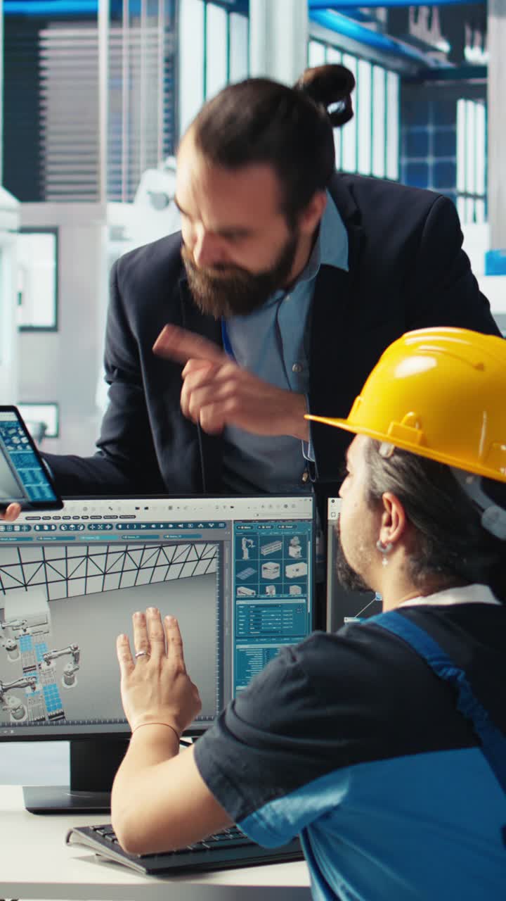 Vertical Video Photovoltaics Factory Engineer Works In Cad Software, Brainstorming With Manager