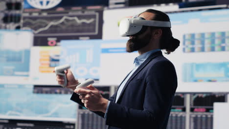 administrator uses vr glasses to analyze digital graphs and business insight