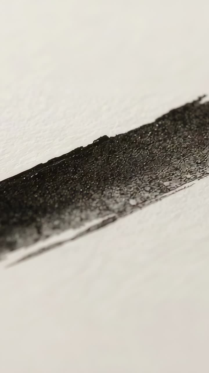 Vertical video: Moving camera tracking dark ink stroke on textured paper at table, revealing flakes