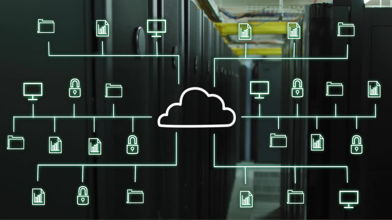 animación de la red de computación en la nube a través de servidores de centros de datos en un entorno tecnológico