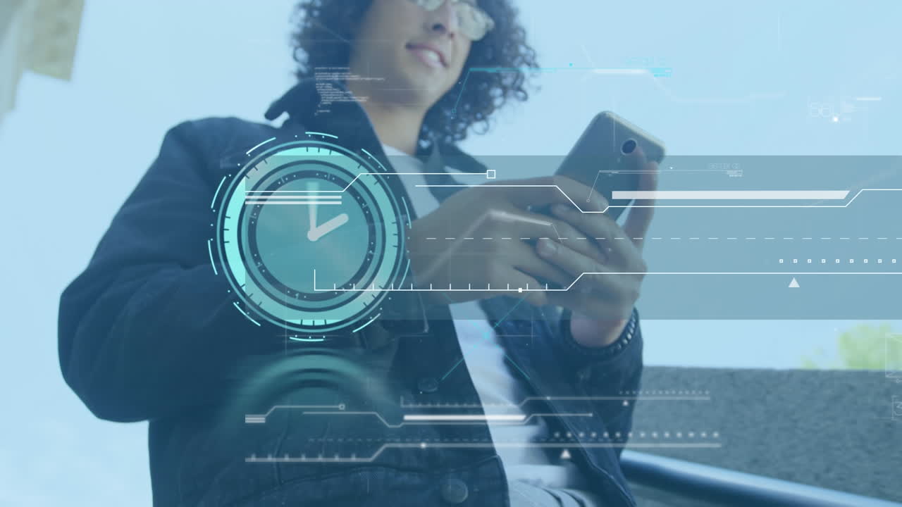 Animation of clock and data processing over midsection of biracial man using smartphone