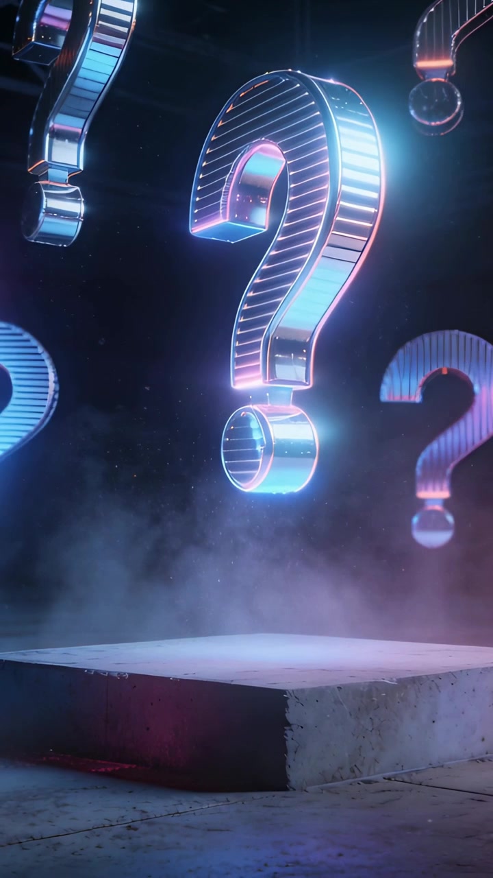Video verticale: Segnale luminoso che invia un punto interrogativo rotante sopra una piattaforma di cemento con nebbia al neon.