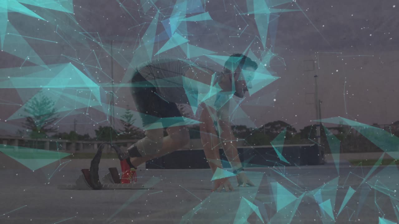 animación de formas geométricas sobre el hombre caucásico con cuchilla corriendo preparándose para comenzar