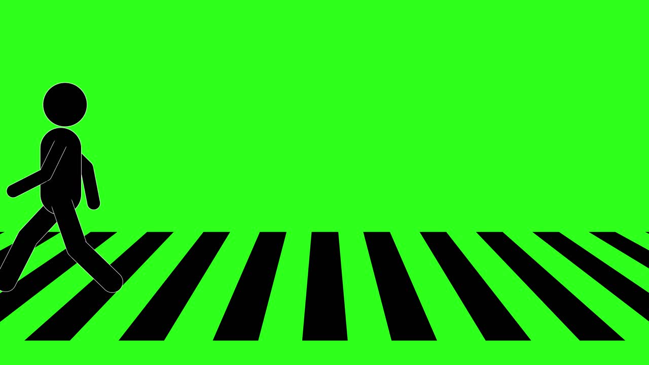 Minimalist black stick figures walk across a striped pedestrian crossing against a bright green background