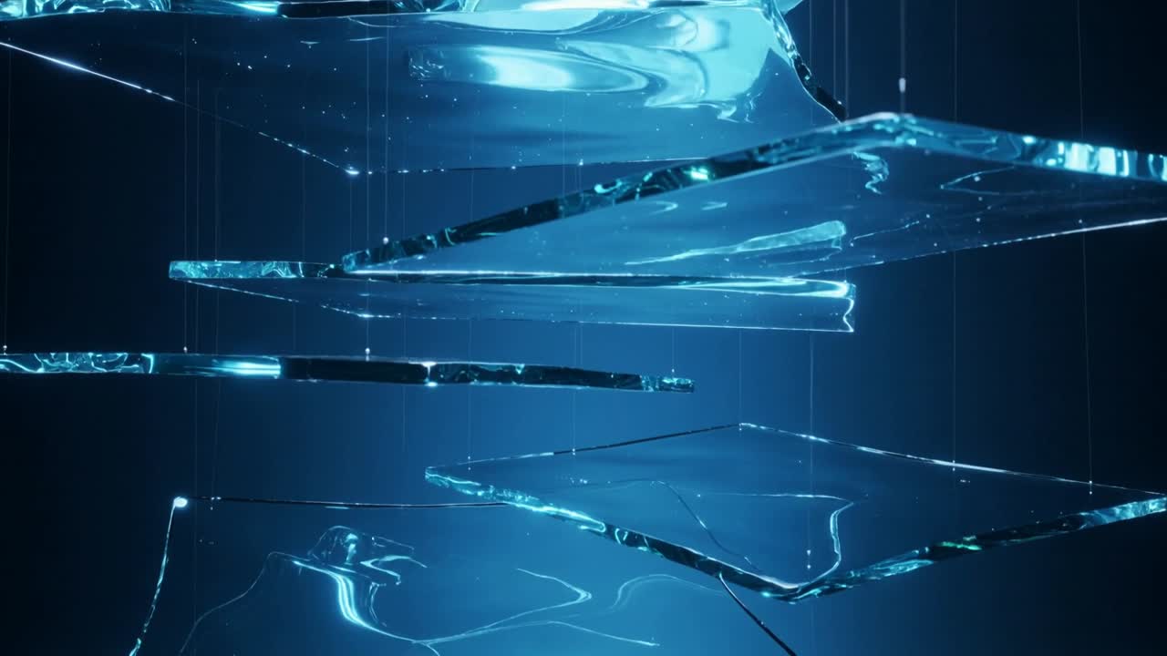 Rotating translucent slabs responding to shifting light in studio, showing cyan gleams and wires