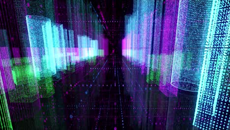 futuristic digital cityscape with binary code and neon lights