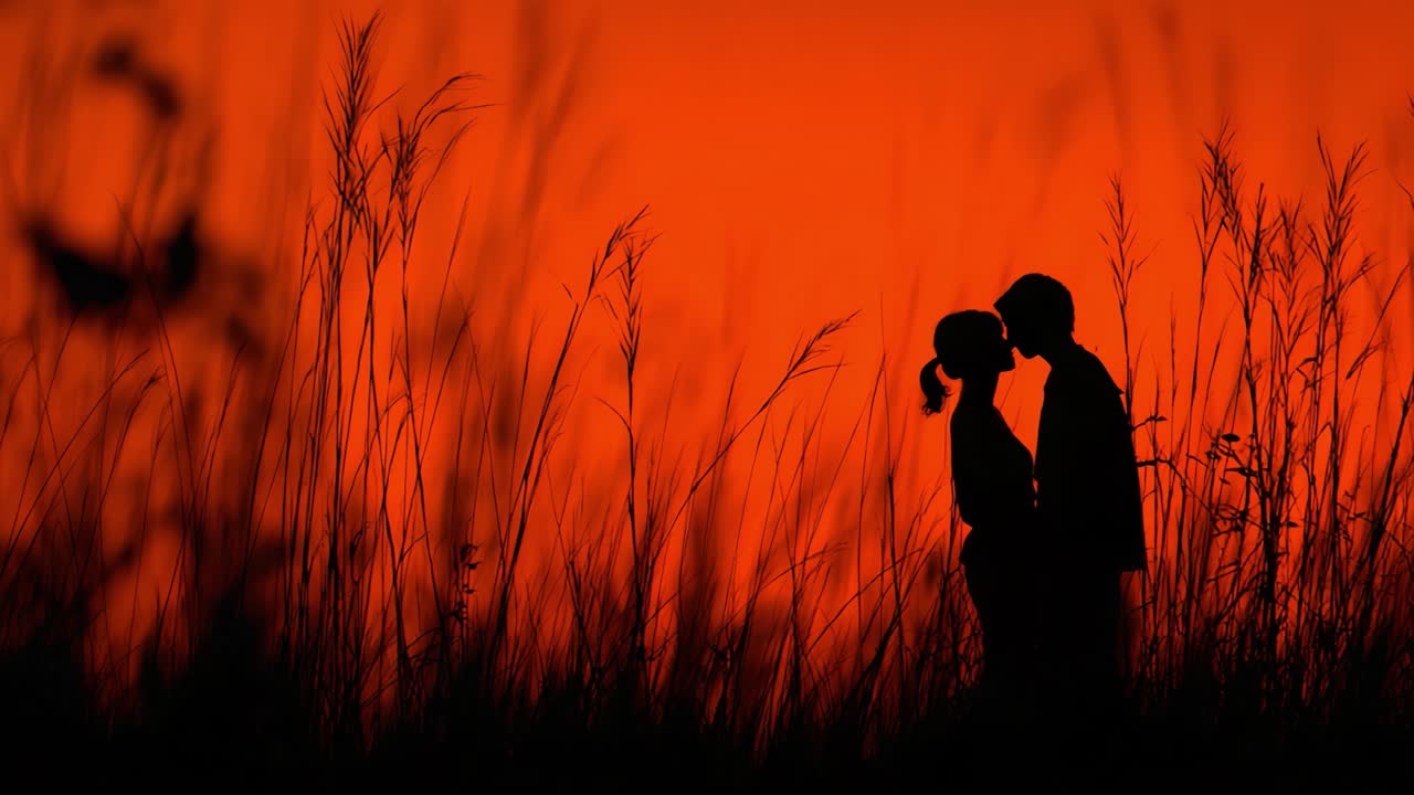A Romantic Silhouette: Capturing the Intimate Moment Between Two Lovers Amidst Fiery Sunset Backdrop and Lush Grass in Tranquil Surroundings