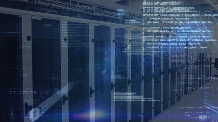Animation of data processing and light spot against empty computer server room