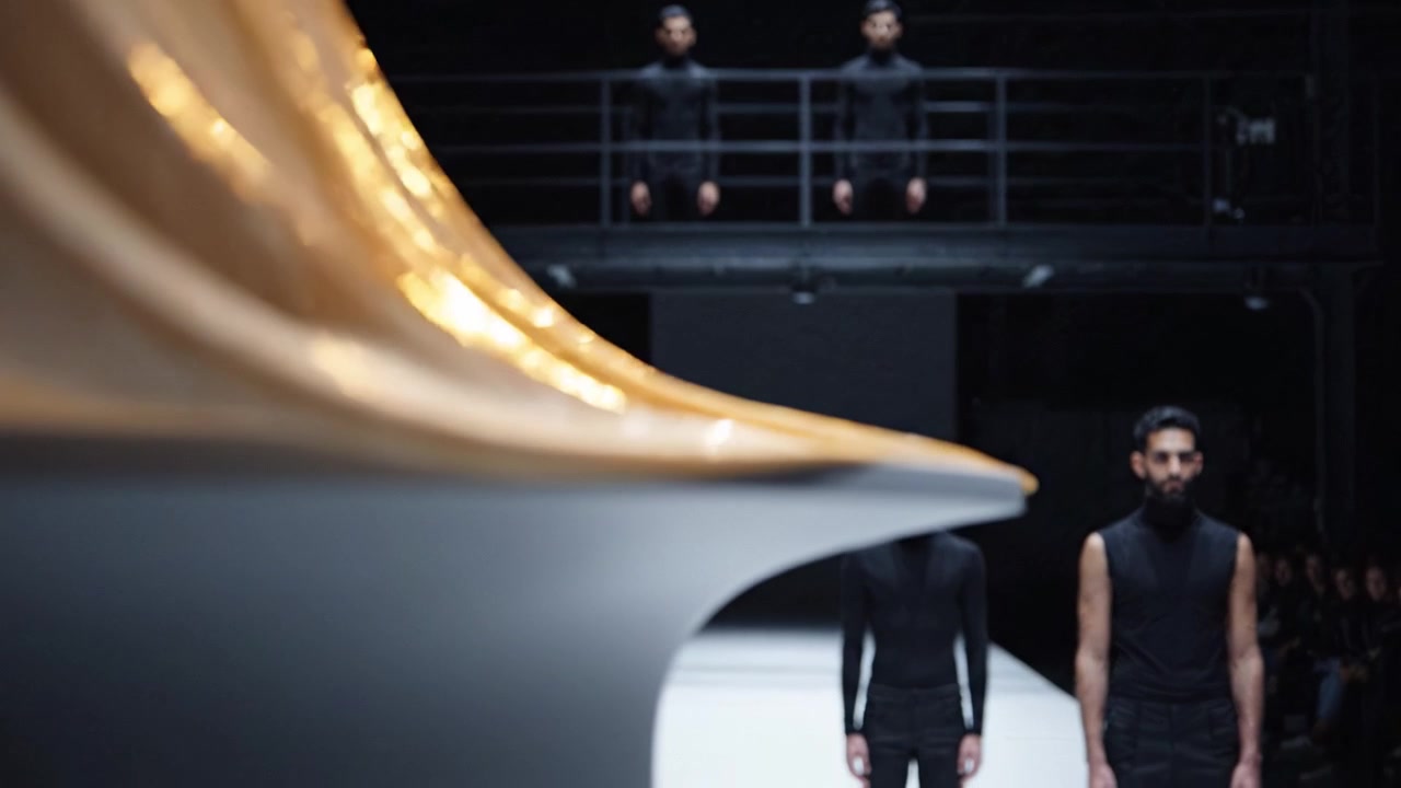 Elegant modedesign med draperet stof, der viser moderne æstetik og kunstneriske udstillinger i et smart catwalk-miljø med minimalistiske modeller i baggrunden.