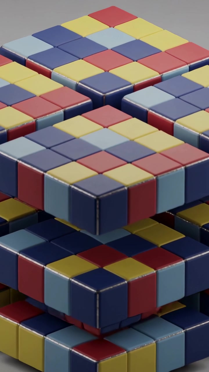 Vertical video: Pulling back camera revealing stacked 3x3 cube blocks on gray surface, with bevels