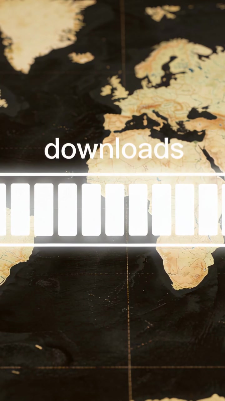 UI de tecnologia recebendo download, downloads exibidos, barra de progresso preenchendo com varredura mostrando o avanço no mapa.
