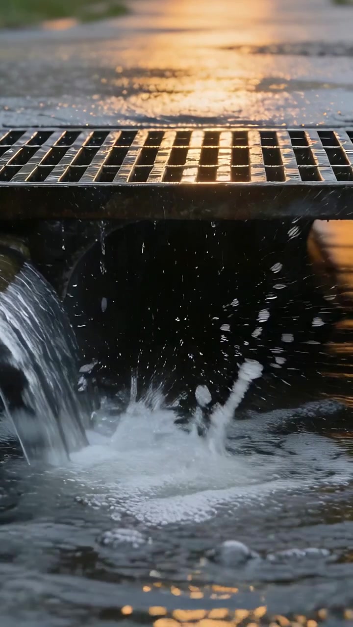 Vidéo verticale : Ruissellement de pluie abondante depuis une sortie au niveau d'une grille d'égout de rue, formant de la mousse et des ondulations.