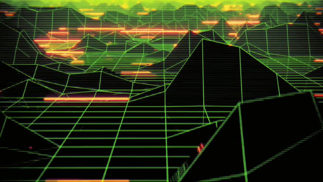 Futuristic Wireframe Grid Mountains with Glitch Effect