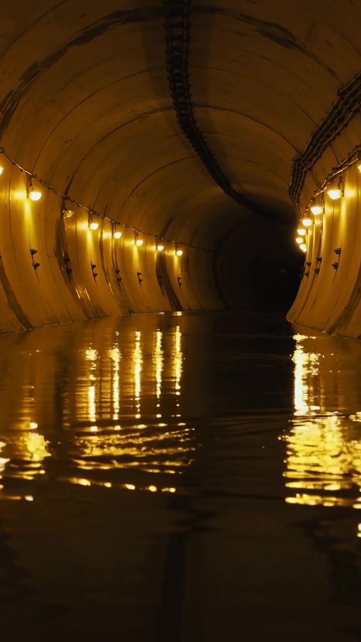 Video verticale: Telecamera che avanza e riprende un tunnel con luci ambra, riflessi d'acqua e un condotto.