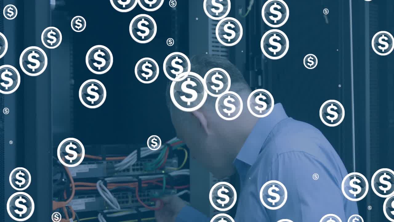 서버 방에 있는 백인 사업가 위에 있는 달러 기호의 애니메이션