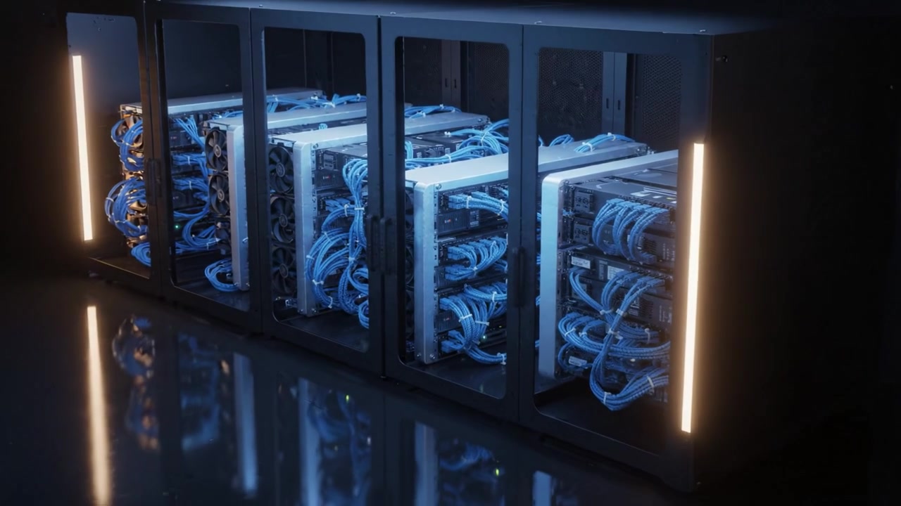 A Close-Up View of High-Tech Server Racks with Blue Cabling Showcasing Advanced Computing Infrastructure and Organized Data Storage Solutions