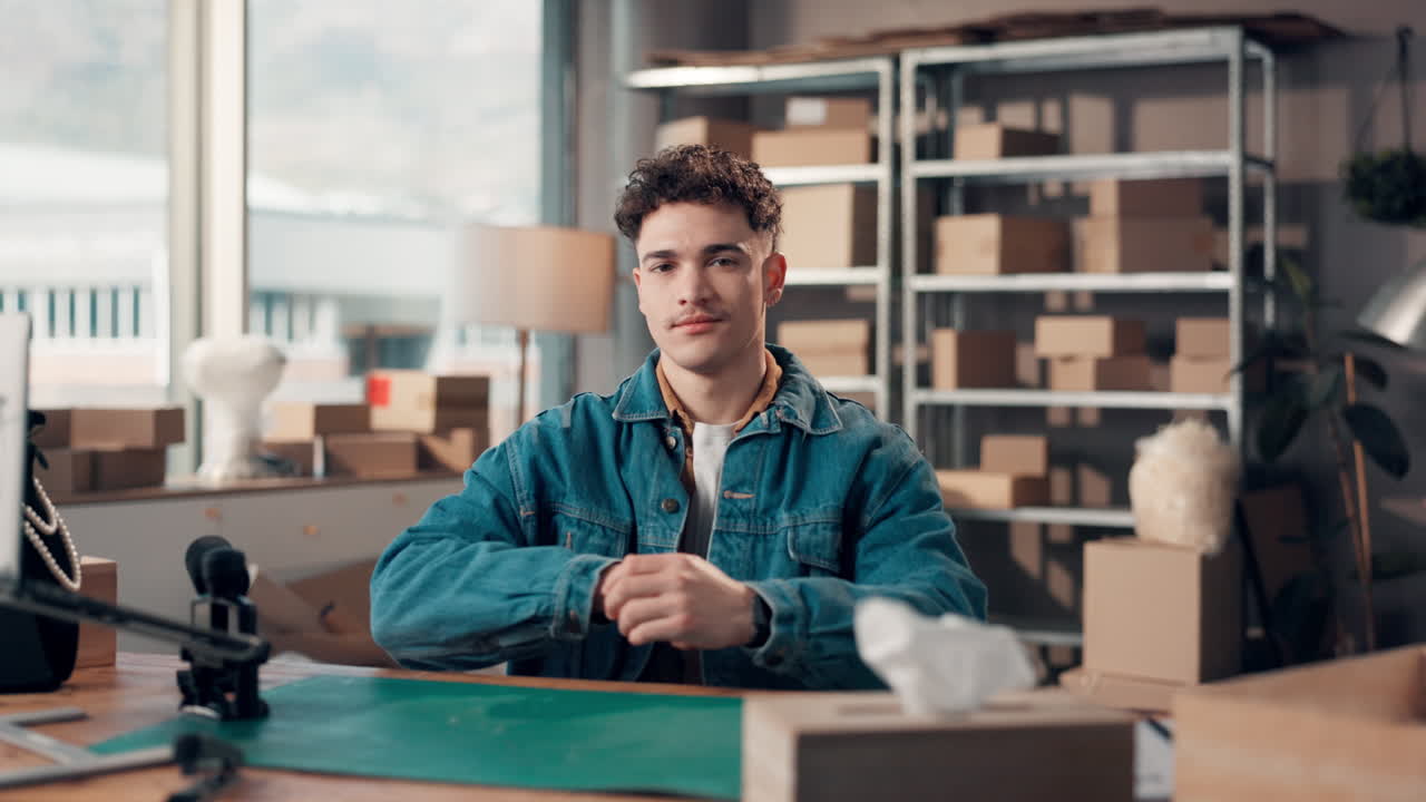 Ritratto di un uomo sorridente in un magazzino