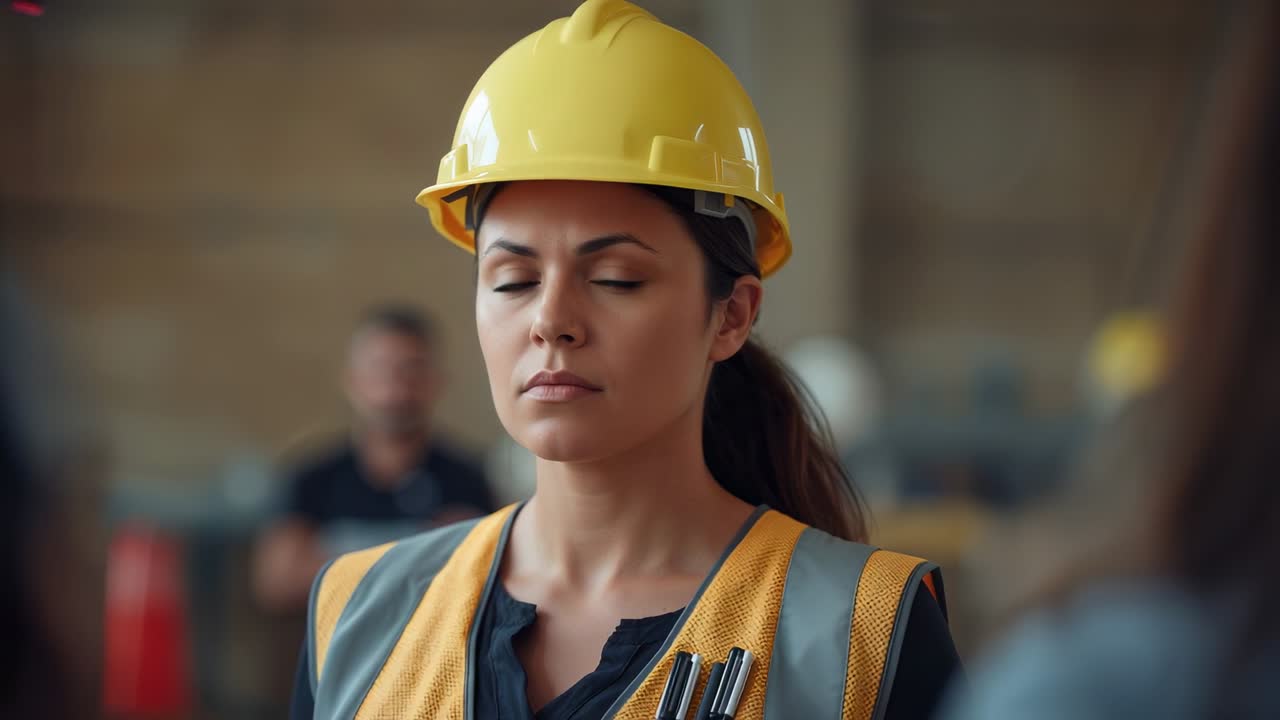 Coworker speaking, opening eyes worker focusing at site wearing yellow helmet and orange vest