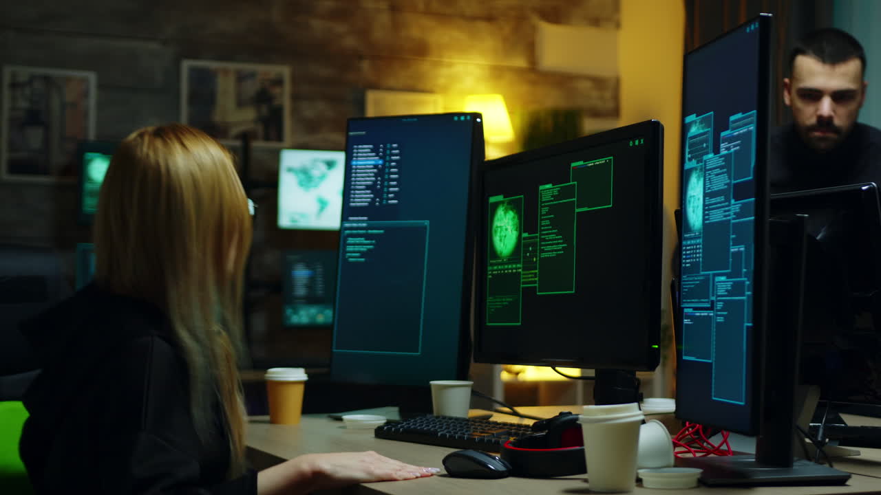 Beautiful hacker girl working with another dangerous cyber criminals