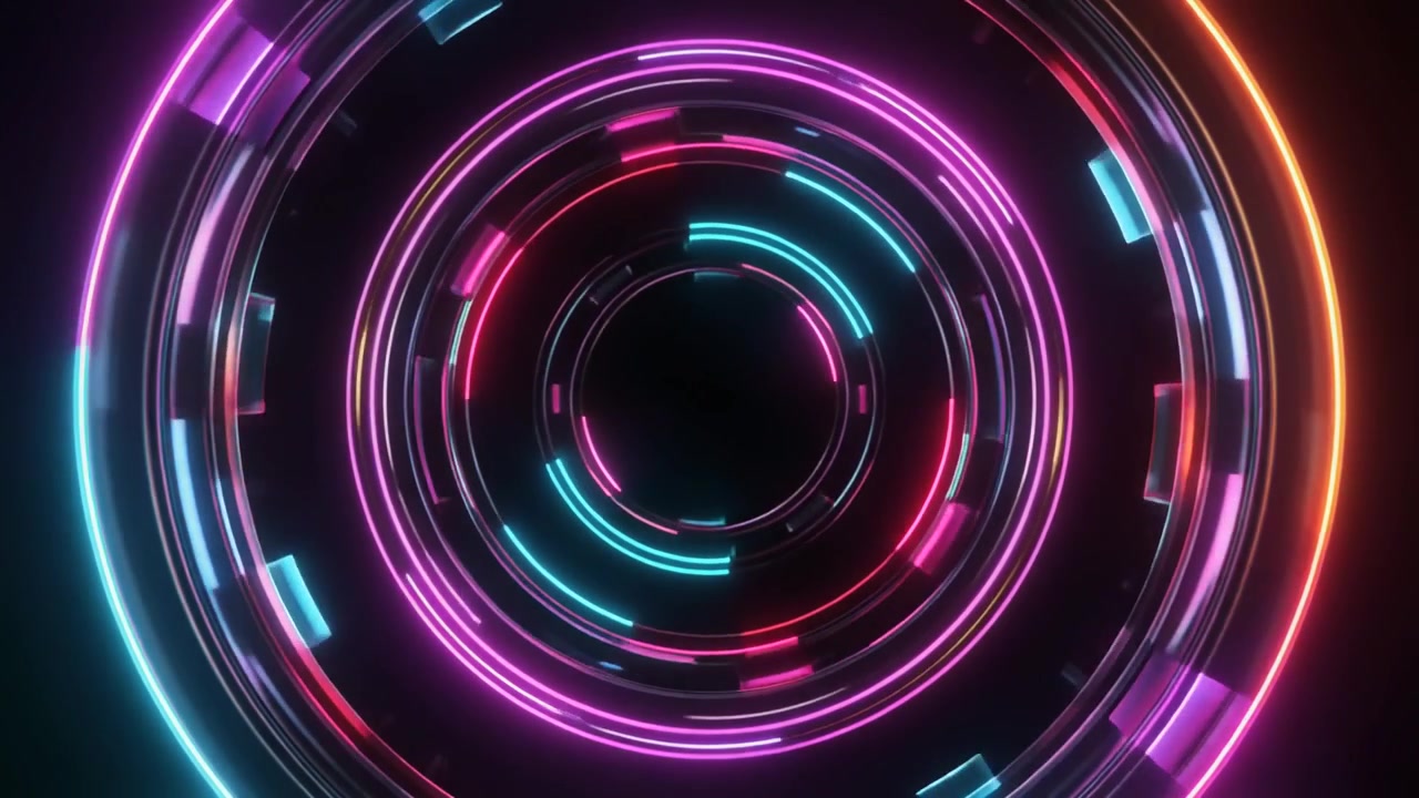 Abstract Neon Glowing Circles Rotating in Dark Space