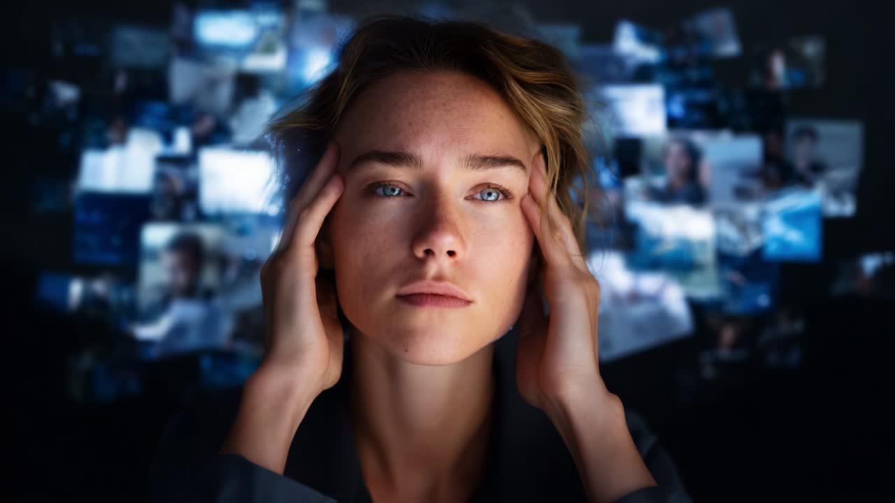 A woman experiences a moment of intense contemplation, surrounded by a collage of images that signify memories, thoughts, or visions, capturing the essence of deep reflection and inner turmoil
