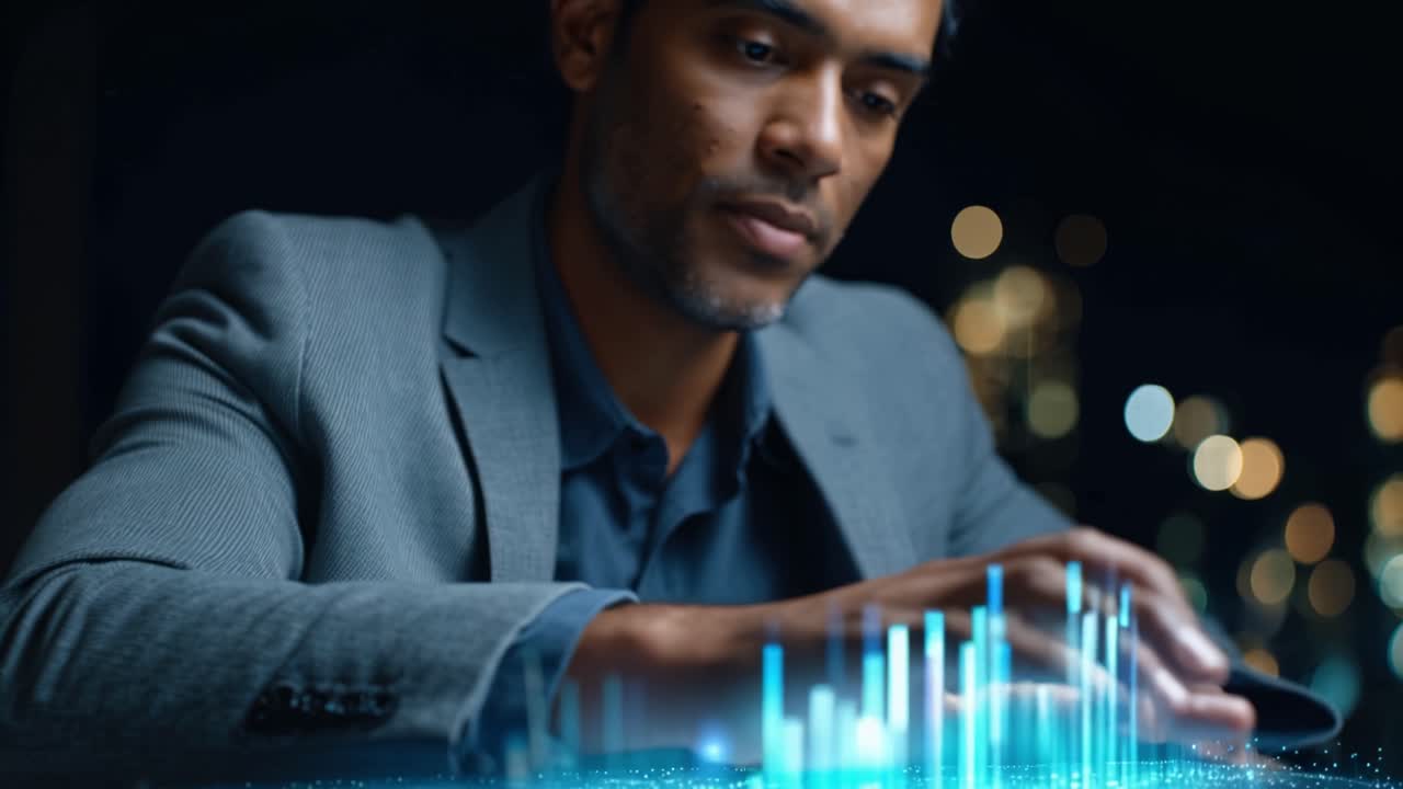A Businessman Manipulates Digital Data Visualization with Interactive Holographic Technology at Night in a Modern Urban Environment, Showcasing Innovation and Connectivity
