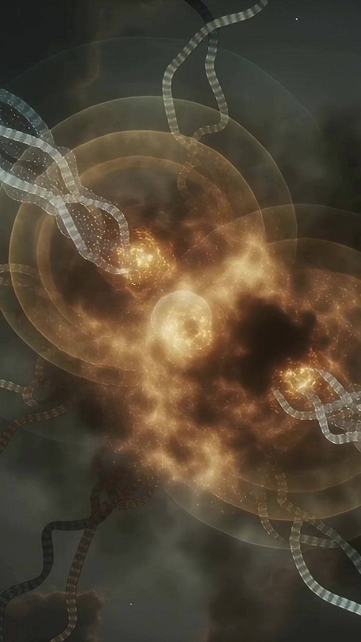 Vertical video: Reaching tendrils touching two golden cores with rings in nebula, making sparks